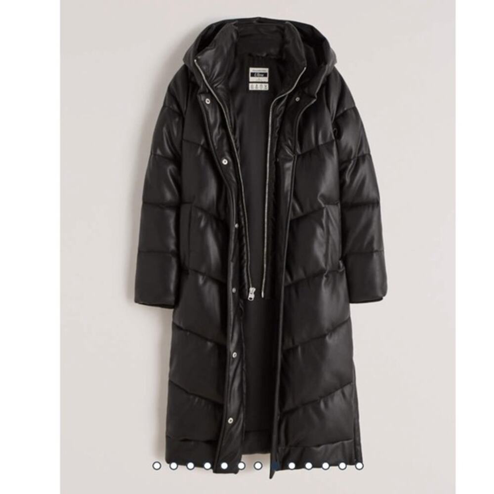 Abercrombie Vegan Leather Long Puffer Jacket Hooded Small Black Quiet Luxury
